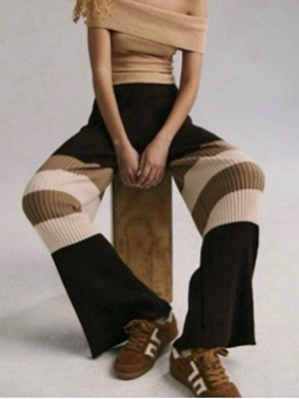 Free People Beach Size Medium Kami Pants Brown Striped Ribbed Sweater Cozy